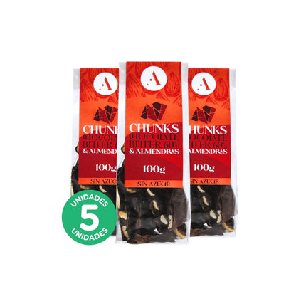 Pack 5, Chocolate Chunks Bitter 60% y Almendras 100gr