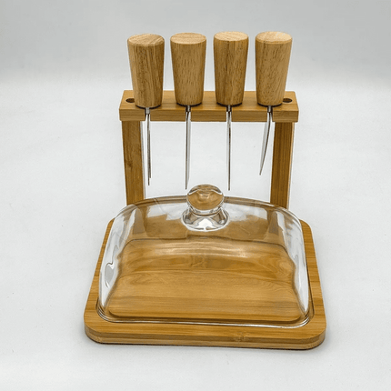 Tabla Para Queso Picoteo Cúpula Vidrio Queso 4 Cuchillo Tabla Para Quesos Marrón