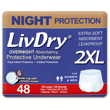 Pañales para adultos Overnight LivDry XXL para mujeres y hombres, paquete de 48