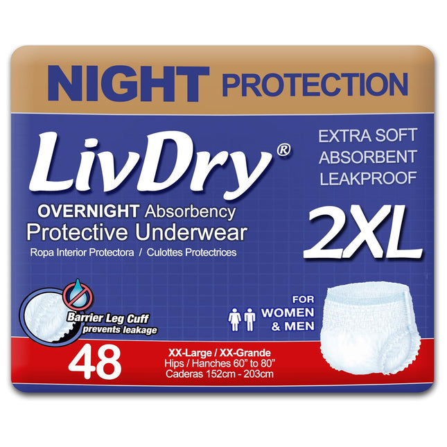 Pañales para adultos Overnight LivDry XXL para mujeres y hombres, paquete de 48