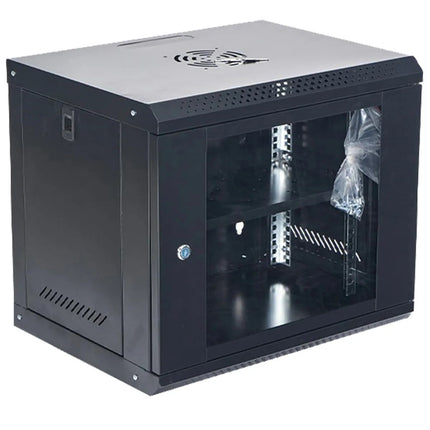 Gabinete de montaje en pared de 9U para servidores de red IT con cerradura para puerta y paneles laterales, color negro, ventilador de refrigeración, puerta de vidrio