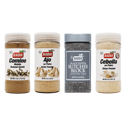 Pack Especias Esenciales de la Cocina – Ajo, Cebolla, Comino y Pimienta Negra
