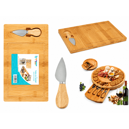 Tabla de Bambú Multiuso para Quesos y Picoteos con Cuchillo Acero Inoxidable