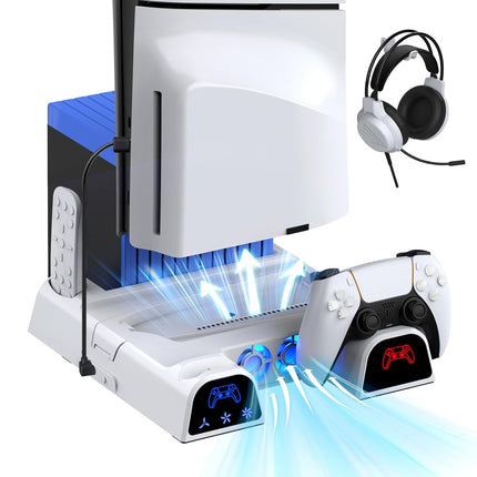 Soporte de refrigeración para PS5 Slim / PS5 con controlador Estación de carga PS5 accesorios incluyen ventilador de refrigeración, soporte para auriculares, 11 ranuras de juego - Blanco