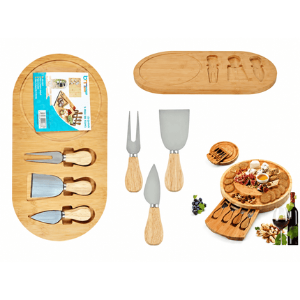 Tabla de Bambú Ovalada Multiuso para Quesos y Picoteos con Set de 3 Cuchillos
