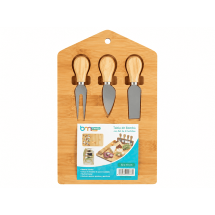 Tabla de Bambú Multiuso para Quesos, Picoteos y Aperitivos con Set de 3 Cuchillos