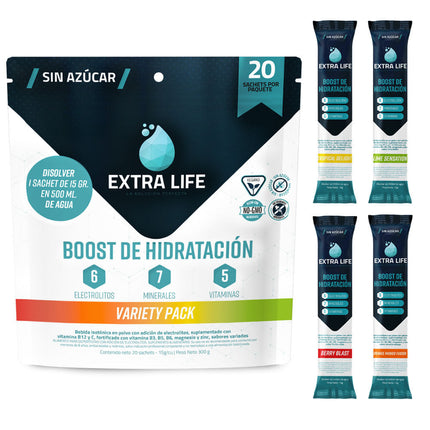 Bebida Isotónica en Polvo Extra Life Boost de Hidratación Variety Pack 15 g 20 un.
