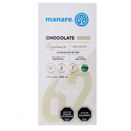 Chocolate Amargo Manare Orgánico Sin Azcúcar 62% Cacao 100 g