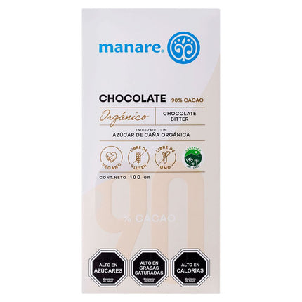 Chocolate Amargo Manare Orgánico Sin Azcúcar 90% Cacao 100 g