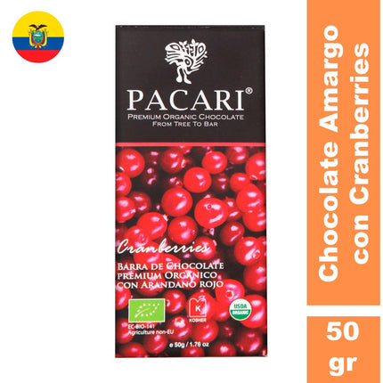 Chocolate Amargo Pacari Orgánico con Cranberries 50 g