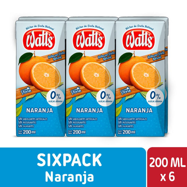 Pack 6 un. Néctar Watt's Light Naranja 200 cc