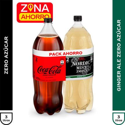 Pack Bebida Coca-Cola Zero 3 L + Nordic Ginger Ale Sin Azúcar 3 L