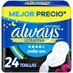 Toallas Higiénicas Always Nocturnas Ultrafinas Seda-Sec 24 un.