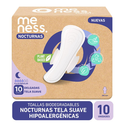 Toallas Higiénicas Meness Biodegradables Nocturna Tela Suave 10 un.