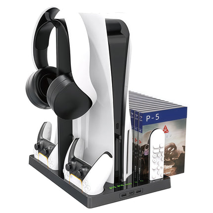 Soporte de refrigeración con cargador controlador para consola PS5 con ventilador de refrigeración de 3 velocidades, organizador para 15 juegos y soporte para auriculares