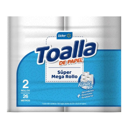 Toalla de Papel Super Mega Doble Hoja 26 m, 2 Un