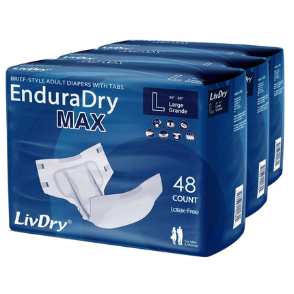 Pañales para adultos LivDry EnduraDry Max con pestañas, paquete grande de 48
