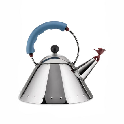 Hervidor de agua Alessi 9093, diseño con asa y silbato para pájaros, color azul
