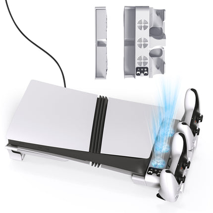 Soporte de refrigeración horizontal con ventilador de 3 niveles y cargador de 2 mandos para PlayStation 5 Slim/Pro, estación de refrigeración con sistema de refrigeración ajustable-Blanco