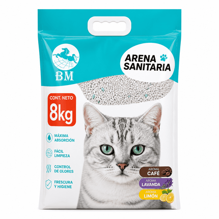 Arena para Gato 8Kg Aromas Café Lavanda Limón Ultra Absorbente Control Olores BM Mascotas