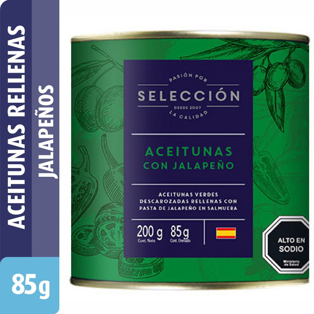 Aceitunas Rellenas con Jalapeño, Drenado 85 g - Neto 200 g | Apishop