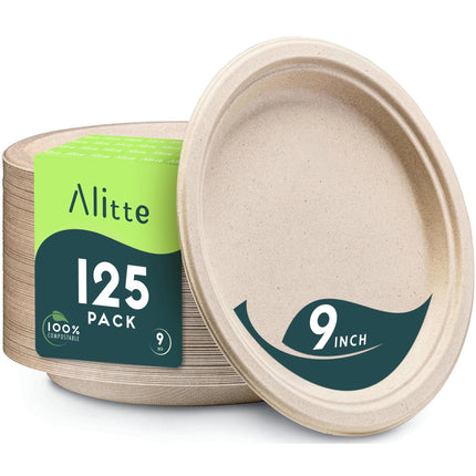 Platos compostables Alitte de fibra de caña de azúcar de 9" - 125 unidades