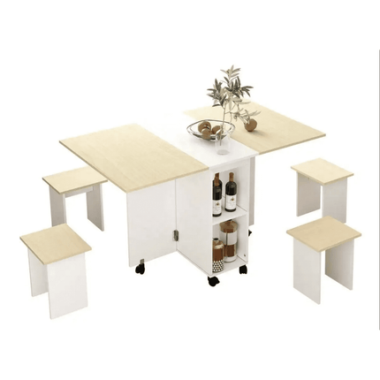 COMEDOR PLEGABLE MULTIUSO + 4 TABURETES BLANCO/CAFE CON LECHE