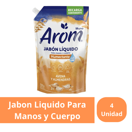 Jabon Liquido Para Manos y Cuerpo Humectante Avena y Almendra Arom 750 ml Pack 4 Unidades