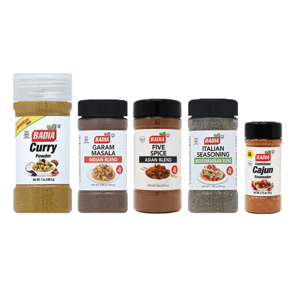 Pack Sabores del Mundo Badia – Curry, Garam Masala, Five Spices, Cajún e Italian Seasoning