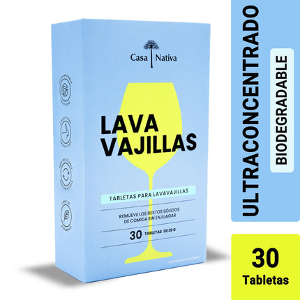 Detergente lavavajillas en tabletas biodegradables, todo en 1
