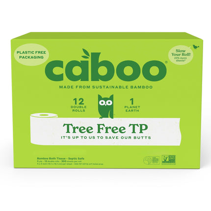 Papel higiénico Caboo de bambú, 2 capas, apto para fosas sépticas, 12 rollos