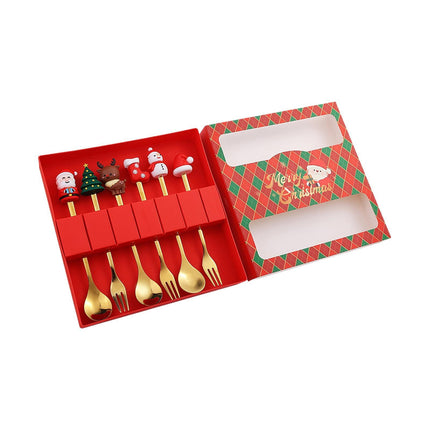 Juego De 6 Cucharas Y Tenedores Navideños Para Degustación De Frutas Y Azúcar, Caja Roja