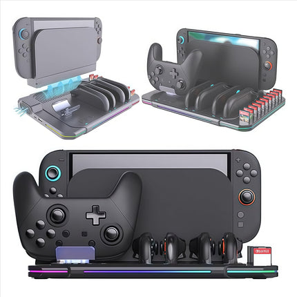 Soporte de carga para Switch 2 con ventilador de refrigeración integrado, diseño integrado para la disipación del calor, almacenamiento, luz indicadora del estado de carga e iluminación ambiental RGB