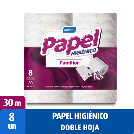 Papel Higiénico Familiar Doble Hoja 30 Metros, 8 Un