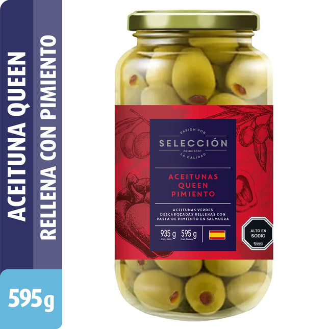 Aceitunas Queen Rellenas con Pimiento, Drenado 595 g - Neto 935 g | Apishop