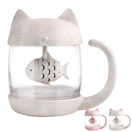 Taza de té BignoseDeer, bonita taza de vidrio con infusor de pescado, 250 ml