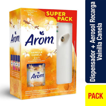 Dispensador + Aromatizante Ambiental Repuesto Aerosol Vainilla Canela Pack Caja, 250 ml