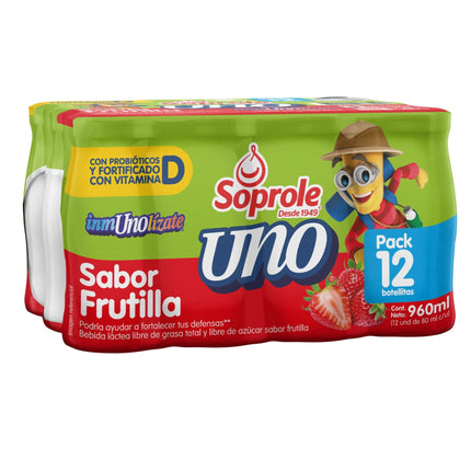 Bebida Láctea Probiótico UNO Sabor Frutilla Pack 12 Botella, 80 ml c/u - Soprole | Apishop