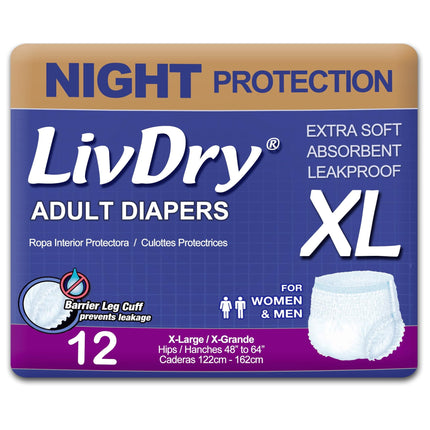 Pañales para adultos Overnight LivDry XL para mujeres y hombres, paquete de 12
