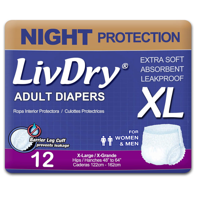 Pañales para adultos Overnight LivDry XL para mujeres y hombres, paquete de 12