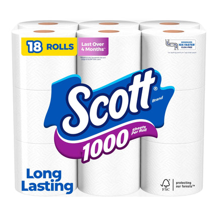 Papel higiénico Scott 1000, 1 capa, 18 rollos, apto para septicemia