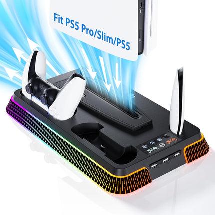 Estación de refrigeración PS5, soporte PS5 Pro RGB y soporte vertical con ventilador de refrigeración de 3 niveles, soporte de auriculares para PS5 Digital/Disc-negro