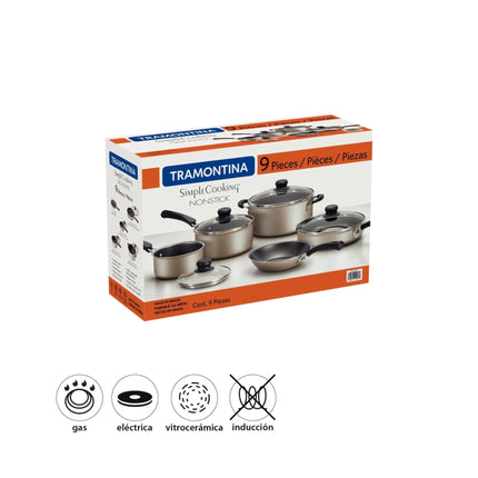Batería de Cocina Simple Cooking 9 piezas, Antiadherente Tramontina, color champaña