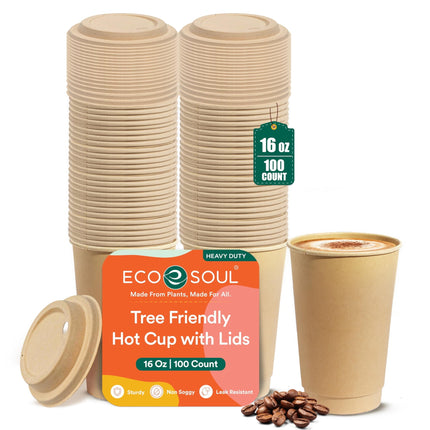 Vasos de café desechables ECO SOUL, paquete de 100 unidades, 473 ml, con tapas