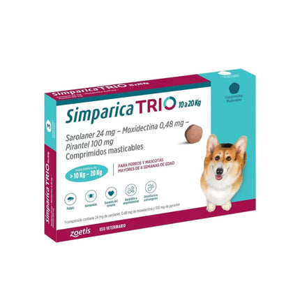 Simparica Trio Antiparasitario Interno Y Externo 10 A 20 Kg 3 Comp