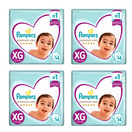 Pack x4 Pañales Pampers Premium Care XG 56 pañales