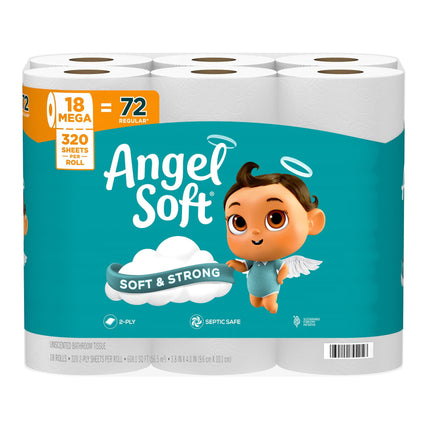 Papel Higiénico Angel Soft 18 Rollos Mega Suave y Resistente de 2 Capas