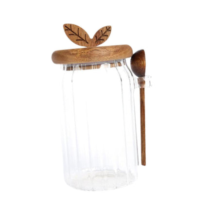 Jarra De Vidrio Con Tapa De Madera Y Cuchara De Frasco Transparente Para La Despensa De Azúcar Del Baño 800ml