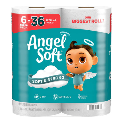 Papel higiénico Angel Soft 6 Super Mega Rollos = 36 normales