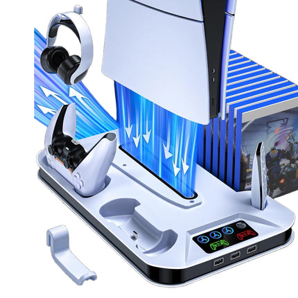 Estación de refrigeración para PS5/PS5 Slim con estación de carga dual para controladores, ventilador de refrigeración, hub USB, soporte para auriculares, tornillos, accesorios de soporte vertical